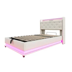 Lit simple rembourré 90 sur 200 avec LED multicolores port USB tête relevable coffre hydraulique poche téléphone lin beige