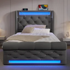Lit simple rembourré avec éclairage LED,ports USB et Type-C,lit coffre hydraulique,cadre de lit 90x200cm,velours,gris