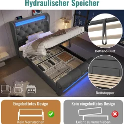 Lit simple rembourré avec éclairage LED,ports USB et Type-C,lit coffre hydraulique,cadre de lit 90x200cm,velours,gris