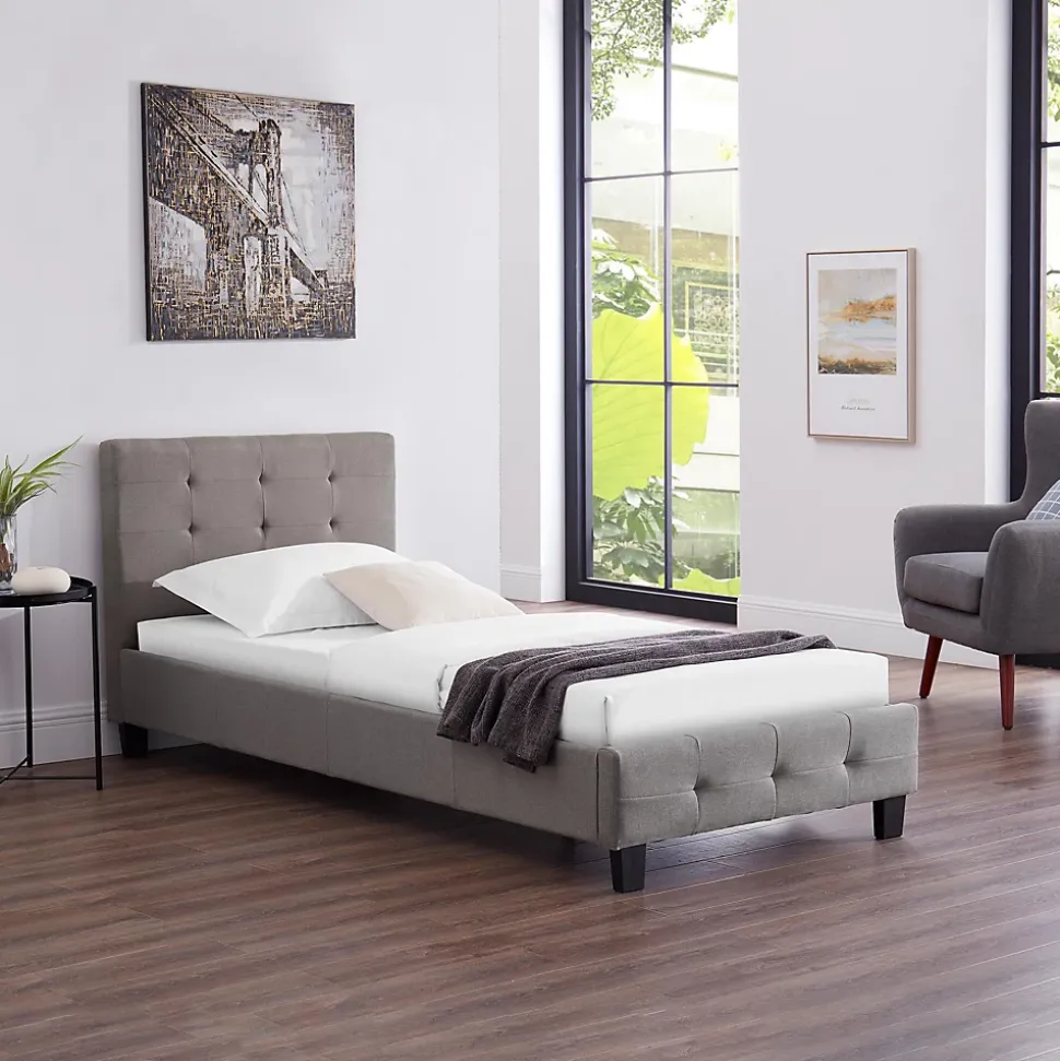 Lit simple REVE, 90 x 190 cm, capitonné avec sommier, revêtement en tissu gris