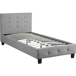 Lit simple REVE, 90 x 190 cm, capitonné avec sommier, revêtement en tissu gris