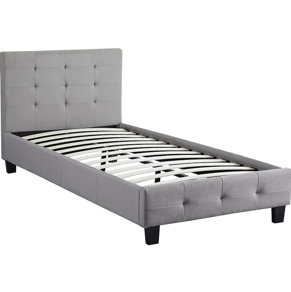 Lit simple REVE, 90 x 190 cm, capitonné avec sommier, revêtement en tissu gris