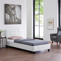 Lit simple TICO, 90 x 190 cm, capitonné avec sommier, revêtement synthétique blanc
