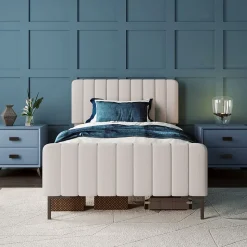 Lit simple 90x200 - Lit rembourré avec cadre en bois et métal - Lin - Sans Matelas - Beige