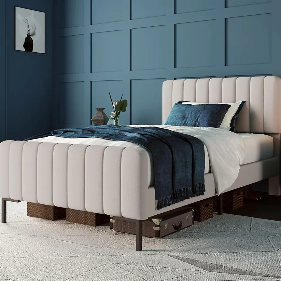 Lit simple 90x200 - Lit rembourré avec cadre en bois et métal - Lin - Sans Matelas - Beige