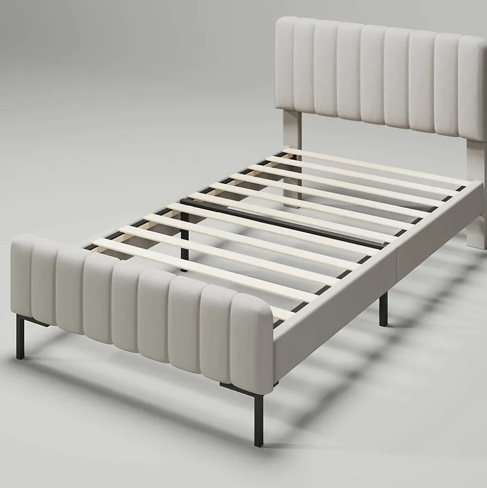 Lit simple 90x200 - Lit rembourré avec cadre en bois et métal - Lin - Sans Matelas - Beige