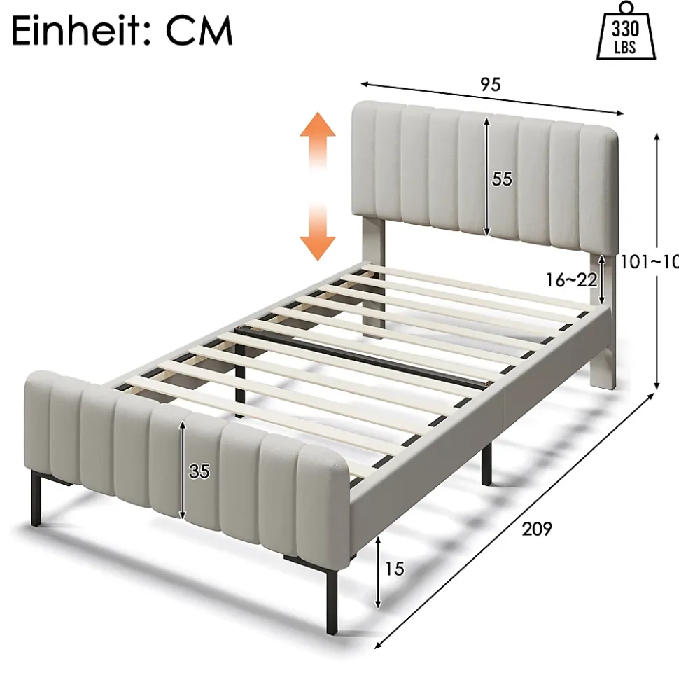 Lit simple 90x200 - Lit rembourré avec cadre en bois et métal - Lin - Sans Matelas - Beige