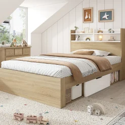 Lit Simple 90x190 cm - 2 Tiroirs et Étagères, Tête de Lit avec Rangement, en Bois Partiel Massif - Sans Matelas - Blanc