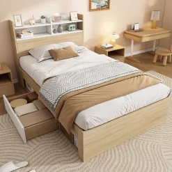 Lit Simple 90x190 cm - 2 Tiroirs et Étagères, Tête de Lit avec Rangement, en Bois Partiel Massif - Sans Matelas - Blanc