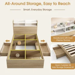 Lit Simple 90x190 cm - 2 Tiroirs et Étagères, Tête de Lit avec Rangement, en Bois Partiel Massif - Sans Matelas - Blanc