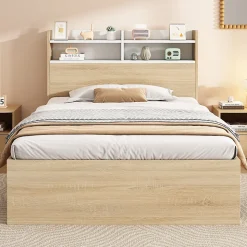 Lit Simple 90x190 cm - 2 Tiroirs et Étagères, Tête de Lit avec Rangement, en Bois Partiel Massif - Sans Matelas - Blanc