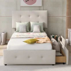 Lit Simple 90x200 cm - avec 2 Tiroirs Pratiques, Tissu Velours Doux, Sans Matelas, Beige