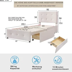 Lit Simple 90x200 cm - avec 2 Tiroirs Pratiques, Tissu Velours Doux, Sans Matelas, Beige