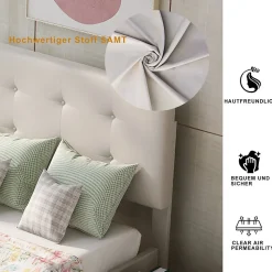 Lit Simple 90x200 cm - avec 2 Tiroirs Pratiques, Tissu Velours Doux, Sans Matelas, Beige