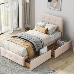 Lit Simple 90x200 cm - avec 2 Tiroirs, Sans Matelas, Lit Confortable en Velours Doux pour enfant ou Adulte, Rose