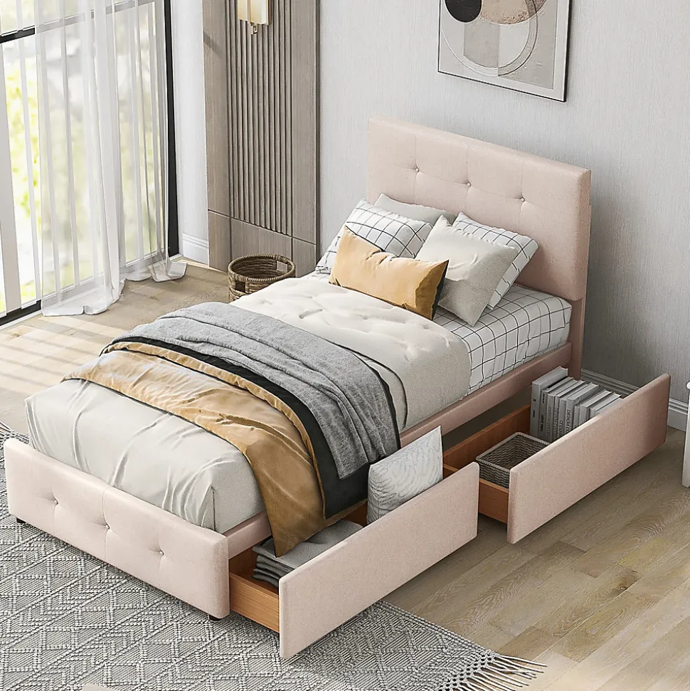 Lit Simple 90x200 cm - avec 2 Tiroirs, Sans Matelas, Lit Confortable en Velours Doux pour enfant ou Adulte, Rose