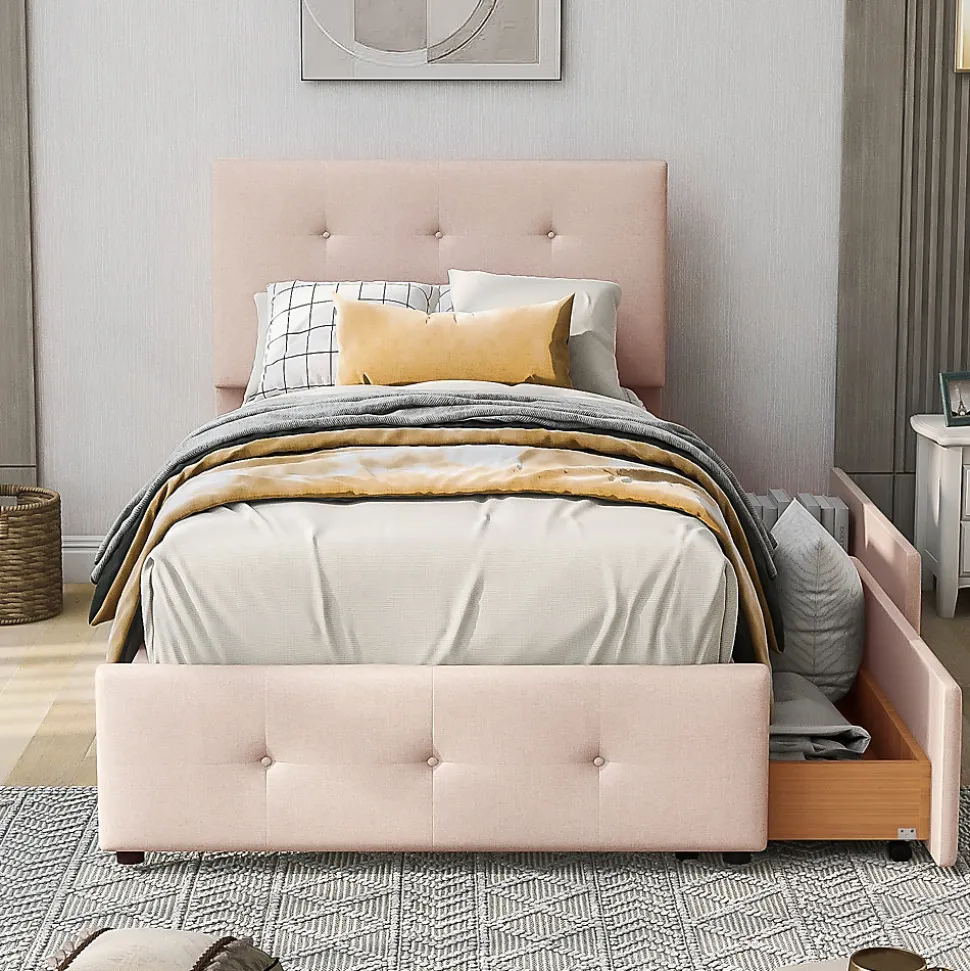 Lit Simple 90x200 cm - avec 2 Tiroirs, Sans Matelas, Lit Confortable en Velours Doux pour enfant ou Adulte, Rose