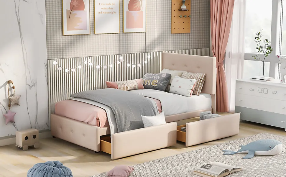 Lit Simple 90x200 cm - avec 2 Tiroirs, Sans Matelas, Lit Confortable en Velours Doux pour enfant ou Adulte, Rose