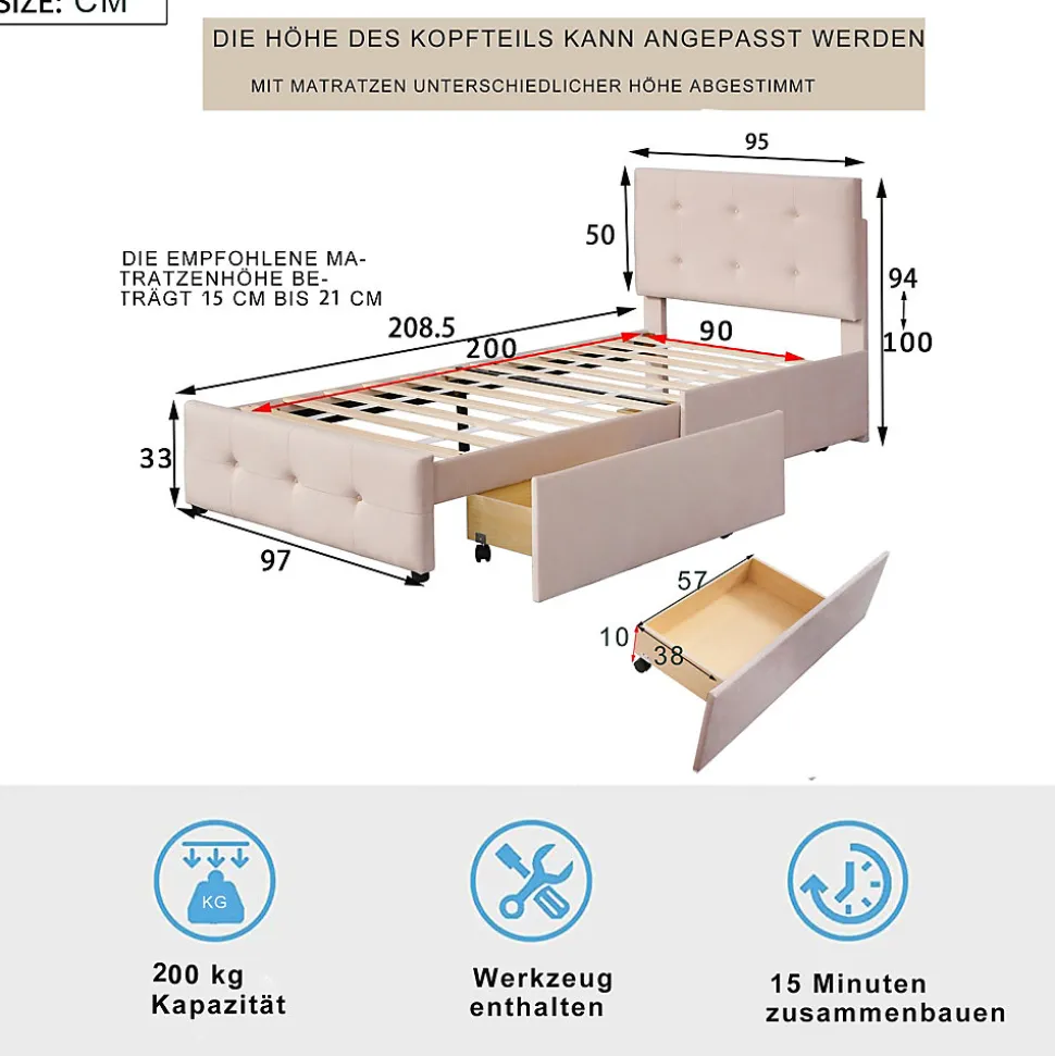 Lit Simple 90x200 cm - avec 2 Tiroirs, Sans Matelas, Lit Confortable en Velours Doux pour enfant ou Adulte, Rose