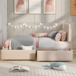 Lit Simple 90x200 cm - avec 2 Tiroirs, Sans Matelas, Lit Confortable en Velours Doux pour enfant ou Adulte, Rose