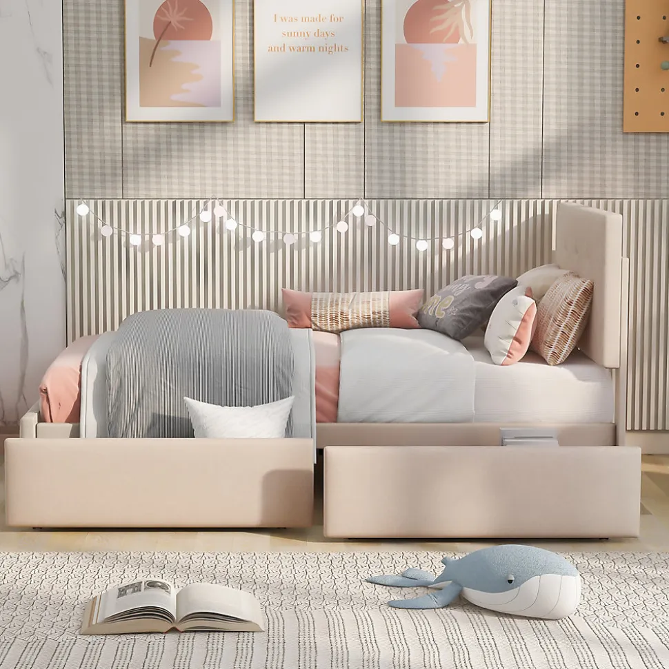 Lit Simple 90x200 cm - avec 2 Tiroirs, Sans Matelas, Lit Confortable en Velours Doux pour enfant ou Adulte, Rose