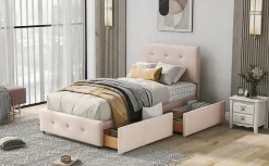 Lit Simple 90x200 cm - avec 2 Tiroirs, Sans Matelas, Lit Confortable en Velours Doux pour enfant ou Adulte, Rose