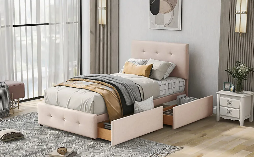 Lit Simple 90x200 cm - avec 2 Tiroirs, Sans Matelas, Lit Confortable en Velours Doux pour enfant ou Adulte, Rose