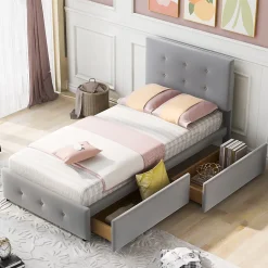 Lit Simple 90x200 cm - avec 2 Tiroirs Pratique, Sans Matelas, Lit Confortable en Velours Gris