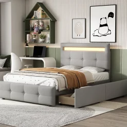 Lit Simple 90x200 cm - avec 2 Tiroirs et Éclairage LED, Lit Confortable en Lin Gris, Rangement Sous Le Lit, Sans Matelas