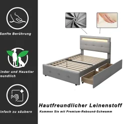 Lit Simple 90x200 cm - avec 2 Tiroirs et Éclairage LED, Lit Confortable en Lin Gris, Rangement Sous Le Lit, Sans Matelas