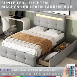 Lit Simple 90x200 cm - avec 2 Tiroirs et Éclairage LED, Lit Confortable en Lin Gris, Rangement Sous Le Lit, Sans Matelas