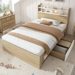 Lit Simple 90x200 cm - avec 2 Tiroirs et Étagères, Tête de Lit avec Rangement, Bois - Sans Matelas - Blanc et Chêne Clair