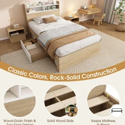 Lit Simple 90x200 cm - avec 2 Tiroirs et Étagères, Tête de Lit avec Rangement, Bois - Sans Matelas - Blanc et Chêne Clair