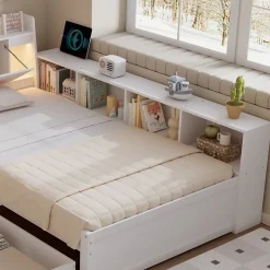 Lit Simple 90x200 cm - avec Rangement, Tiroirs sous le Lit, Chargeur et Lumière Intégrée, en MDF Blanc, Sans Matelas