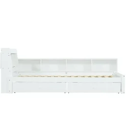 Lit Simple 90x200 cm - avec Rangement, Tiroirs sous le Lit, Chargeur et Lumière Intégrée, en MDF Blanc, Sans Matelas
