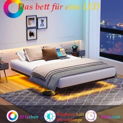 Lit Simple 120x200 cm - Lit Ado Metal avec Éclairage LED et Ports USB, Contrôle Télécommande App, Noir, sans Matelas