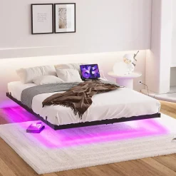 Lit Simple 120x200 cm - Lit Ado Metal avec Éclairage LED et Ports USB, Contrôle Télécommande App, Noir, sans Matelas