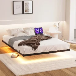 Lit Simple 120x200 cm - Lit Ado Metal avec Éclairage LED et Ports USB, Contrôle Télécommande App, Noir, sans Matelas