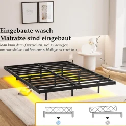 Lit Simple 120x200 cm - Lit Ado Metal avec Éclairage LED et Ports USB, Contrôle Télécommande App, Noir, sans Matelas