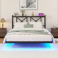 Lit Simple 120x200 cm - Lit Ado Moderne, avec Éclairage LED et Prises USB, Rangements - Noir, sans Matelas