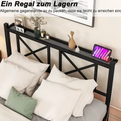 Lit Simple 120x200 cm - Lit Ado Moderne, avec Éclairage LED et Prises USB, Rangements - Noir, sans Matelas