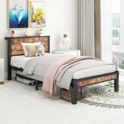 Lit Simple 90x200 cm - Lit Ado Métal avec Tête de Lit Rangement, MDF, Marron - Silencieux et Robuste - Sans Matelas