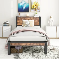 Lit Simple 90x200 cm - Lit Ado Métal avec Tête de Lit Rangement, MDF, Marron - Silencieux et Robuste - Sans Matelas