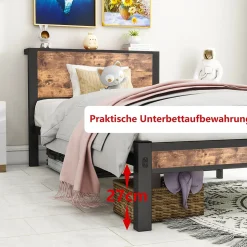 Lit Simple 90x200 cm - Lit Ado Métal avec Tête de Lit Rangement, MDF, Marron - Silencieux et Robuste - Sans Matelas