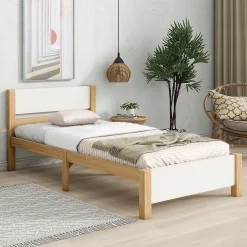 Lit Simple 90x200 cm - Lit Ado ou Adulte Sans Matelas - Bois de Pin Massif - Blanc et Naturel