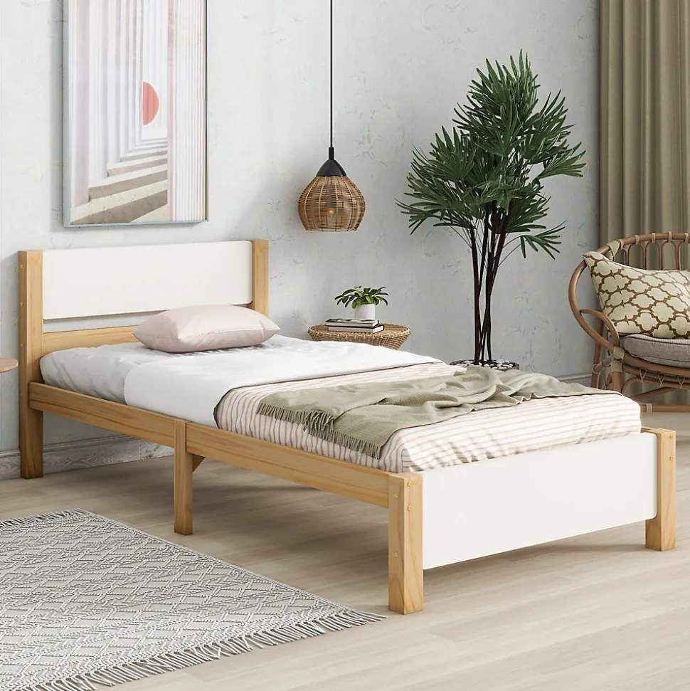 Lit Simple 90x200 cm - Lit Ado ou Adulte Sans Matelas - Bois de Pin Massif - Blanc et Naturel