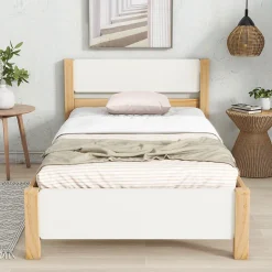 Lit Simple 90x200 cm - Lit Ado ou Adulte Sans Matelas - Bois de Pin Massif - Blanc et Naturel