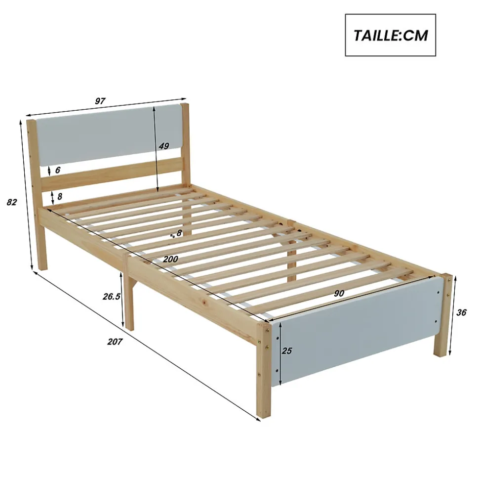 Lit Simple 90x200 cm - Lit Ado ou Adulte Sans Matelas - Bois de Pin Massif - Blanc et Naturel