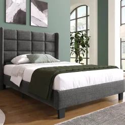 Lit simple 90x200 cm - Lit adulte capitonné avec sommier à lattes - Lin - Sans Matelas - Gris