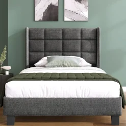 Lit simple 90x200 cm - Lit adulte capitonné avec sommier à lattes - Lin - Sans Matelas - Gris